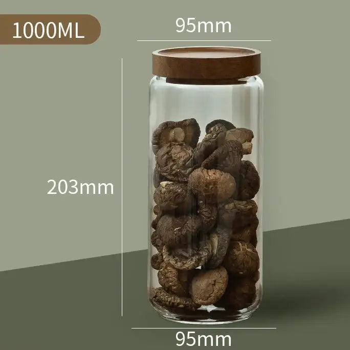 A decorbites glass airtight canister with wooden lid filled with dried mushrooms for versatile kitchen storage