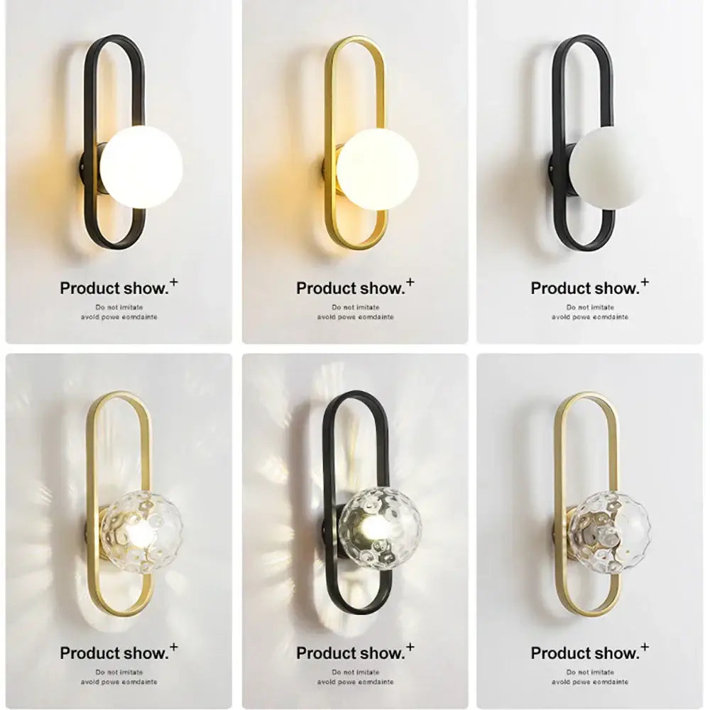Modern minimalist decorbites glass aisle wall lamp with sleek curved metal frame and illuminated spherical glass globe
