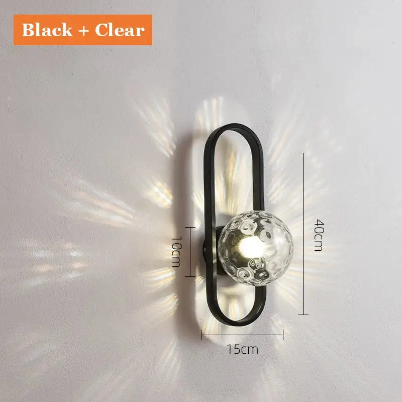 Black metal wall lamp with decorbites glass aisle textured clear globe for post-modern indoor lighting