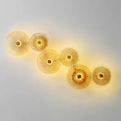Golden circular decorbites glass aisle wall light with delicate radiating wireframe design modern wall lamp for living room