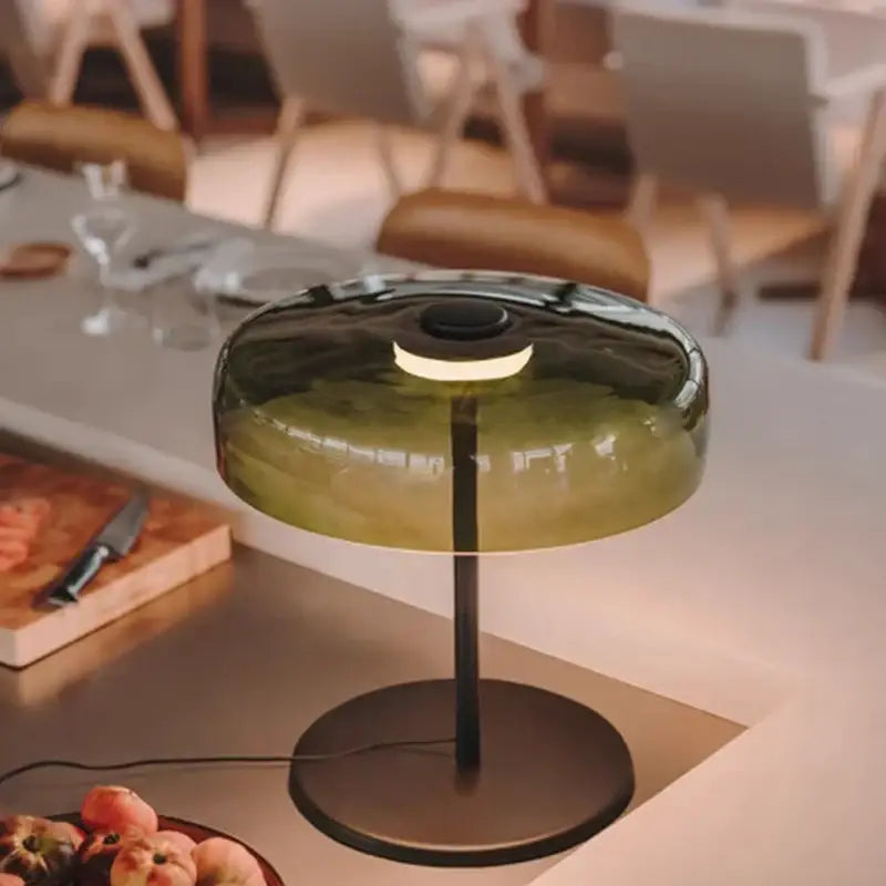 Olive-green decorbites glass amber green LED table lamp with black metal base for nightstand or living room decor
