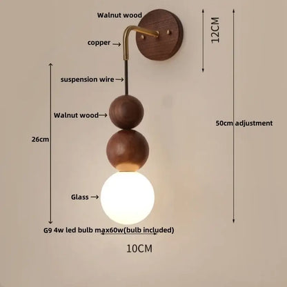 DecorBites™ wood adjustable wall light with walnut backplate copper arm and glass globe for living room and bedroom