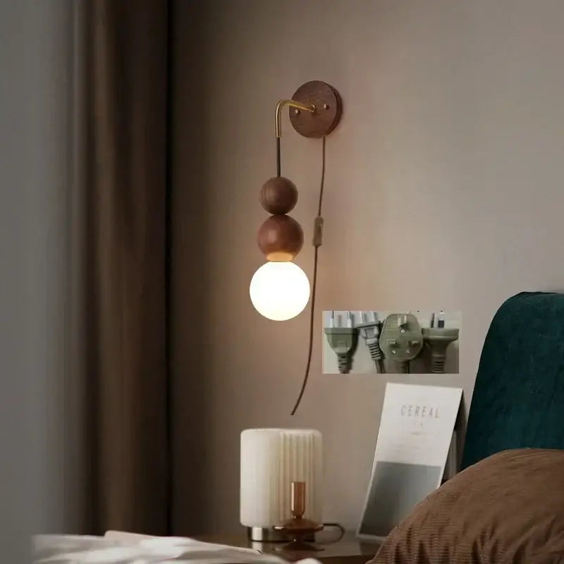 DecorBites glass and wood adjustable wall light with warm wood beads and brass arm for living room and bedroom wall light