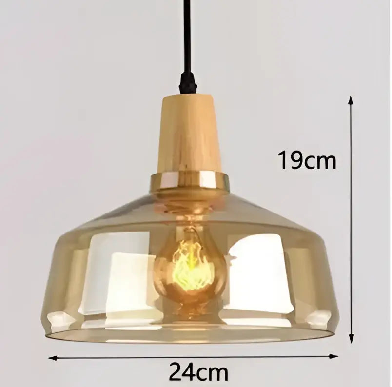 DecorBites glass and wood pendant light featuring warm amber glass with wooden top and brass accents for modern decor
