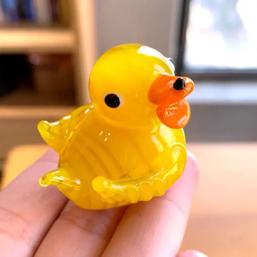 DecorBites™ glass animal figurines translucent yellow glass duck with orange beak black eyes hand blown art collectible