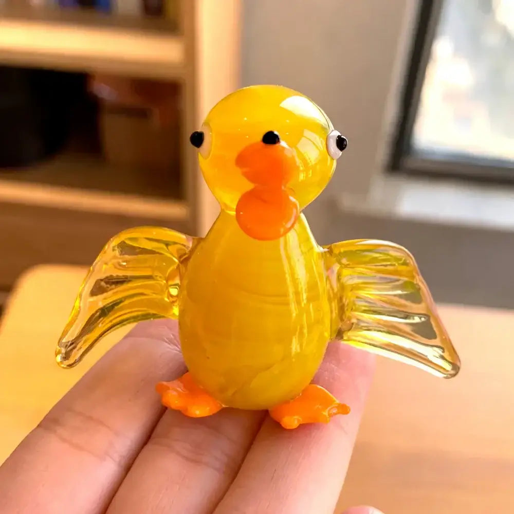 Decorbites glass animal figurines translucent yellow hand blown glass duck with orange beak and black bead eyes