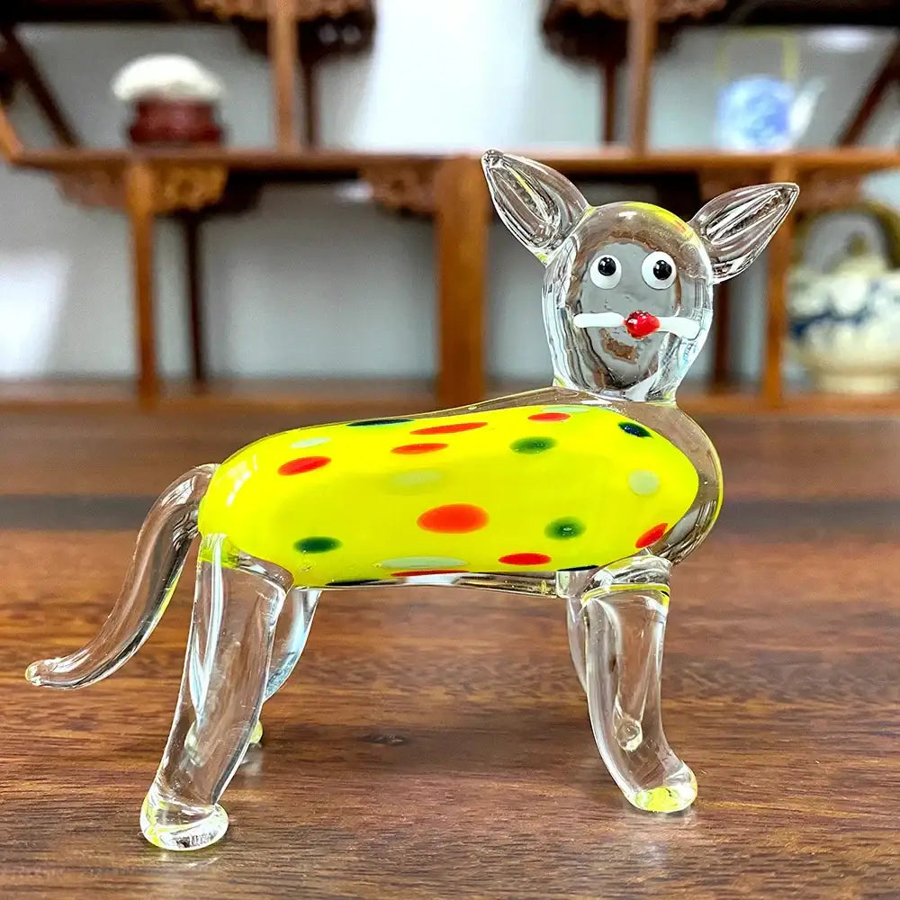 Decorbites™ glass animal figurine of a translucent cat with yellow body and colorful polka dots for home decor