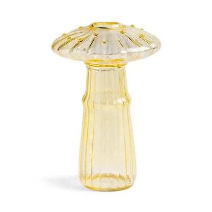 DecorBites glass aromatherapy vase in translucent yellow with fluted mushroom top and ridged stem for home decor