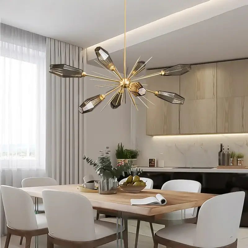 Gold-toned decorbites glass art chandelier with geometric faceted glass arms for living room bedroom study use