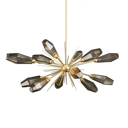 Gold-toned decorbites glass art chandelier with faceted smoked glass shades radiating starburst design for living room