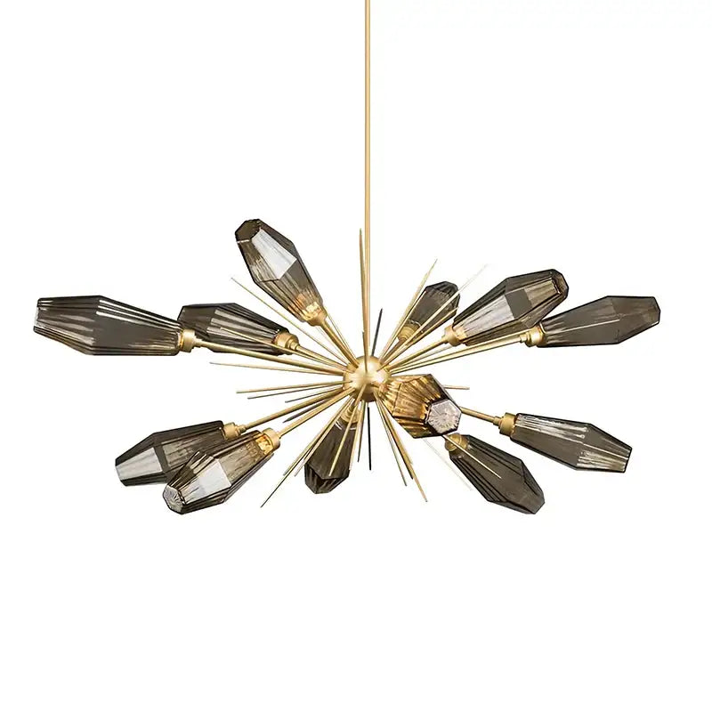 Gold-toned decorbites glass art chandelier with faceted smoked glass shades radiating starburst design for living room