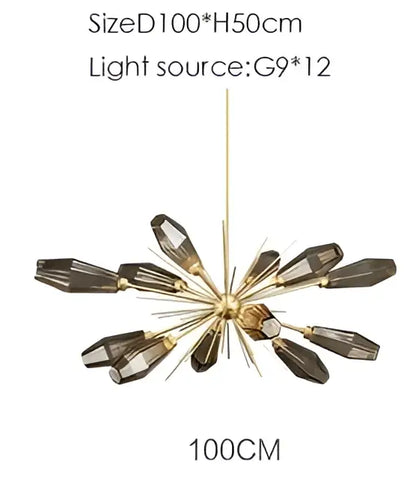 Decorbites glass art chandelier with gold-toned hub and dark faceted crystal arms for modern living spaces