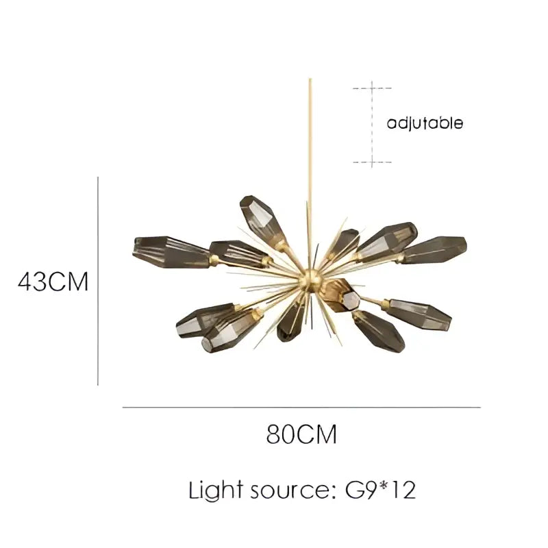 Gold-toned decorbites glass art chandelier with twelve dark smoked glass prisms for living room and bedroom lighting