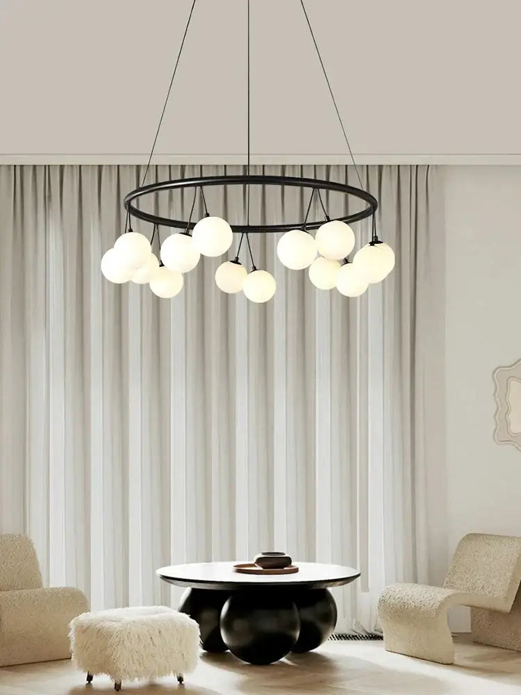 Black circular DecorBites glass art chandelier with frosted glass globe bulbs for living and dining rooms