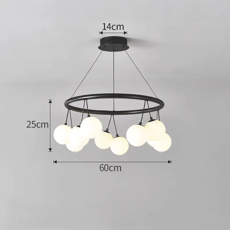 Black metal DecorBites glass art chandelier with circular frame and frosted glass globes for living and dining rooms