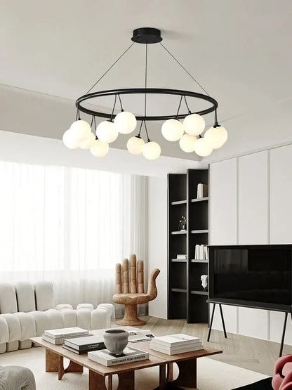 Black circular DecorBites glass art chandelier with multiple frosted glass globes for living room and bedroom lighting