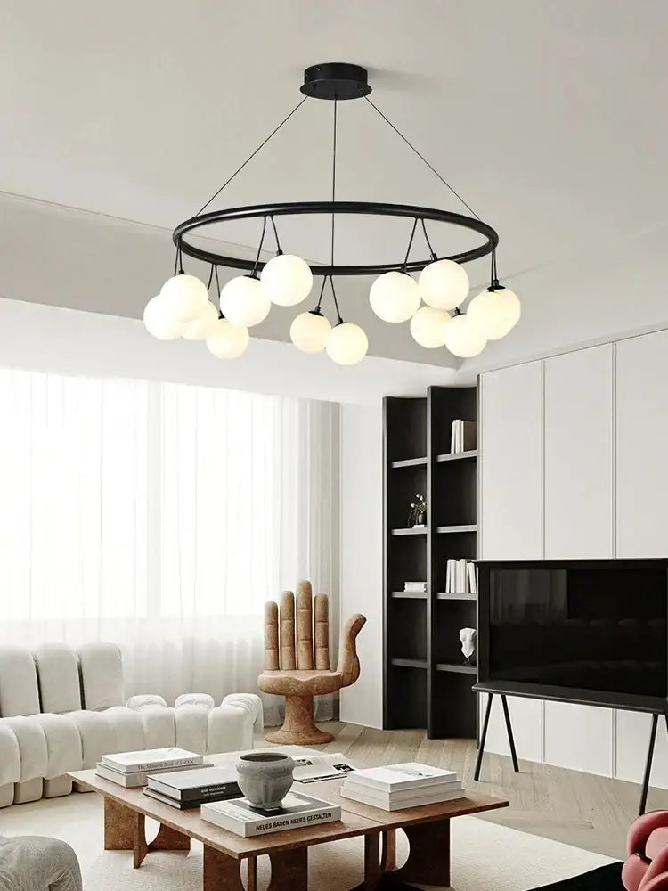 Black circular DecorBites glass art chandelier with multiple frosted glass globes for living room and bedroom lighting