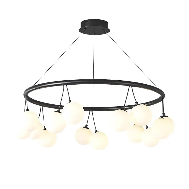 Decorbites glass art chandelier with black circular frame and frosted glass globe lights for living and dining rooms