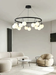Black circular decorbites glass art chandelier with multiple frosted glass globe lights for living and dining rooms