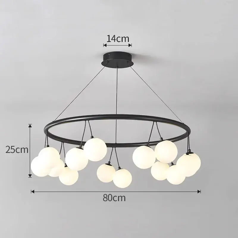 Black metal DecorBites glass art chandelier with circular frame and frosted globe lights for living and dining rooms