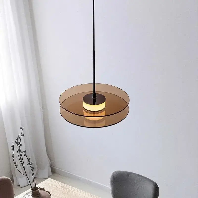 Modern amber-tinted glass art chandelier with sleek black metal rod by DecorBites glass art for home and cafe lighting