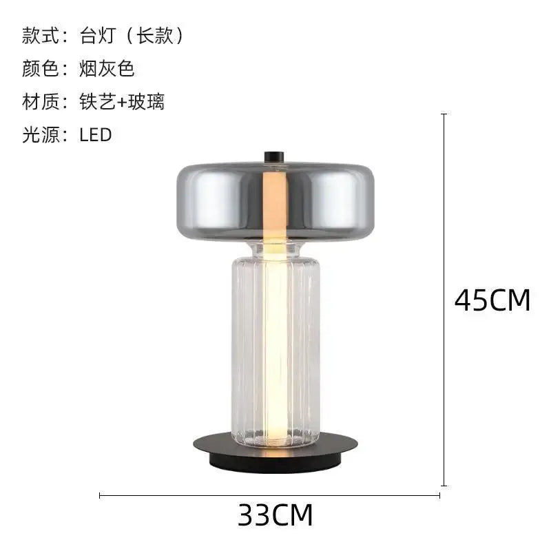 DecorBites glass art desk lamp with smoked gray metallic top and clear ridged glass base for bedroom and living room use