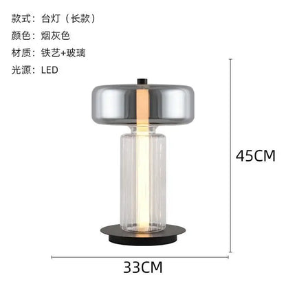 DecorBites glass art desk lamp with smoked gray metallic top and clear ridged glass base for bedroom and living room use