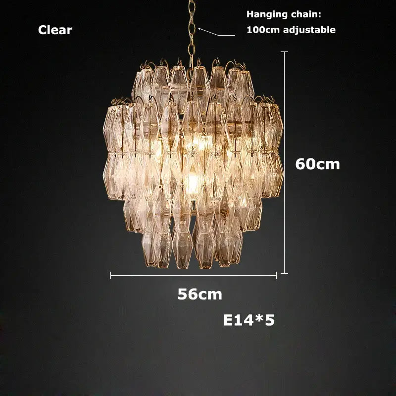 Decorbites glass art led multi-tiered crystal chandelier with gold-toned chain for living room lighting