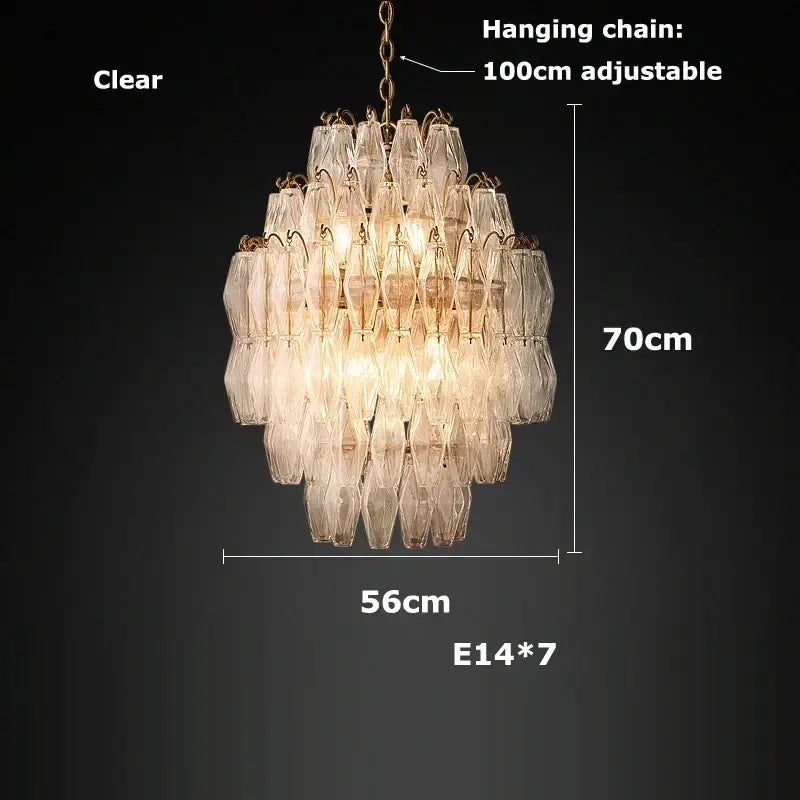 DecorBites glass art LED chandelier with tiered faceted clear glass and gold-toned metal accents for living room