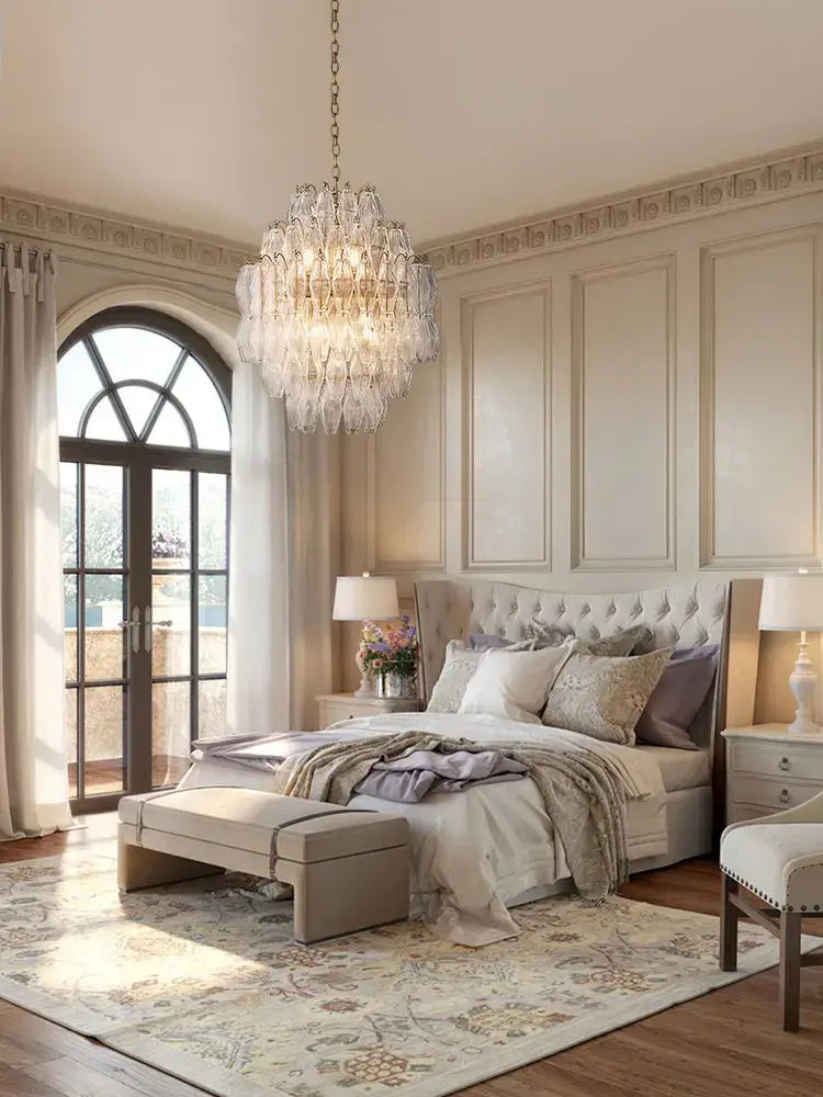 A decorbites glass art led chandelier with cascading clear faceted glass pieces for living room ceiling decor