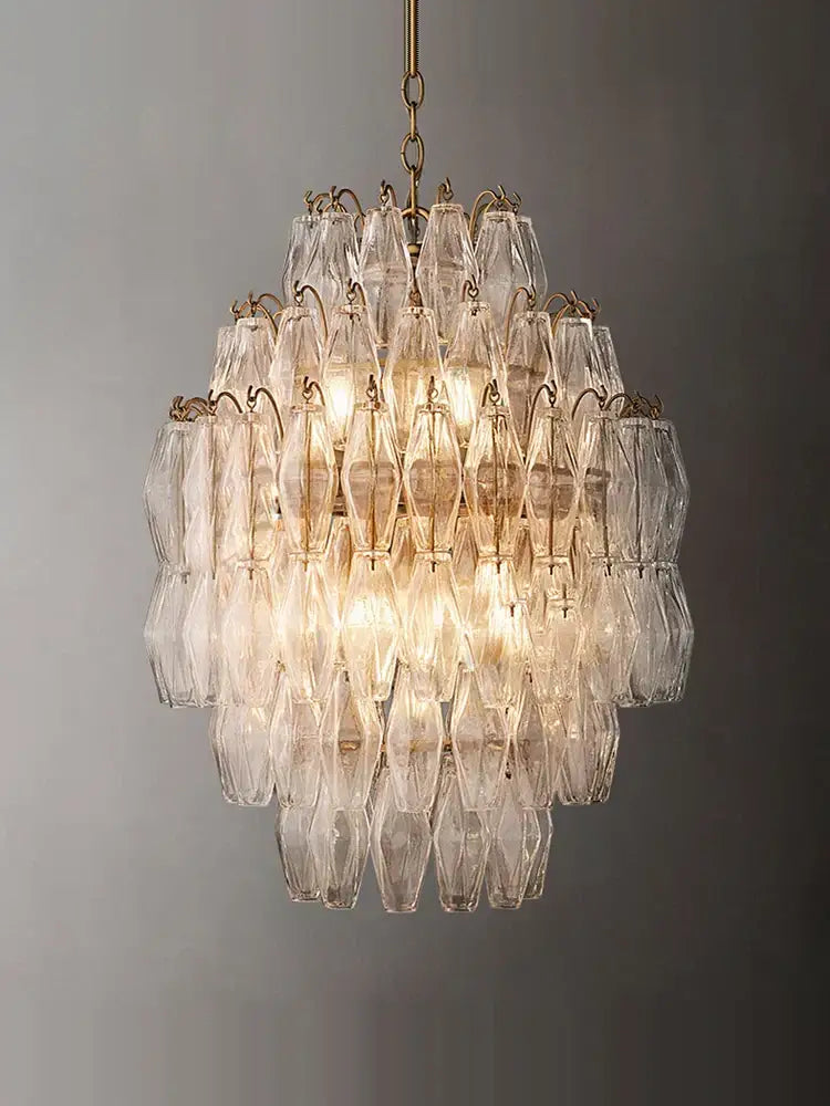 DecorBites glass art led chandelier with faceted clear glass prisms and warm lights for living room decor