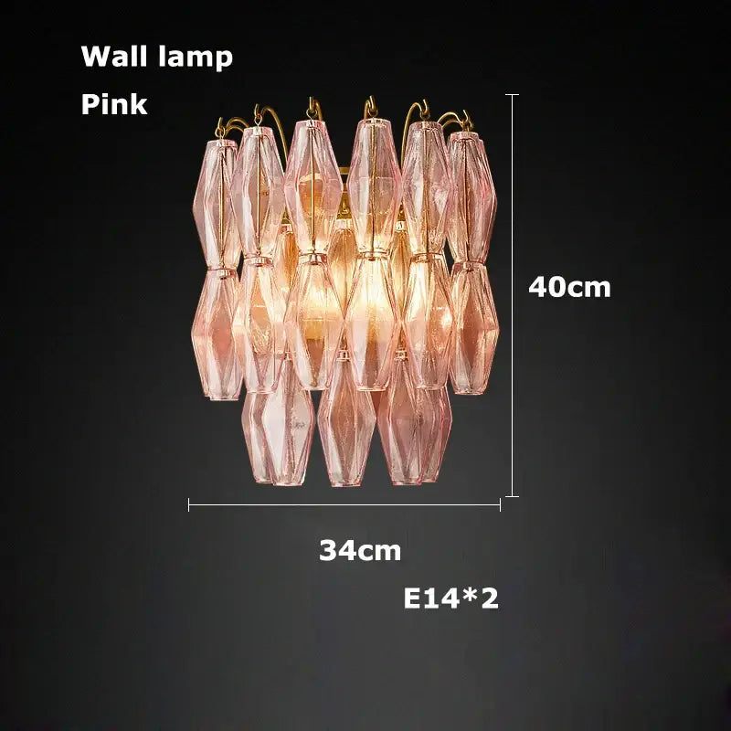 Pink crystal wall lamp with faceted geometric design and gold metal frame in DecorBites glass art LED chandelier style