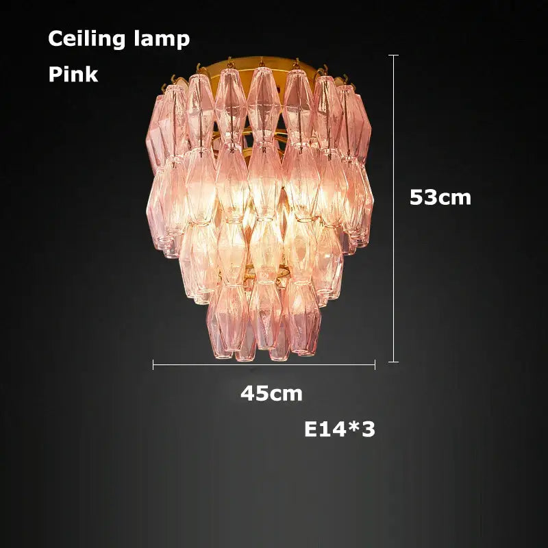 Pink crystal decorbites glass art led chandelier with tiered faceted glass shades and gold-toned metal frame for living room