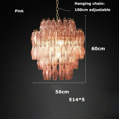 DecorBites glass art LED chandelier featuring a pink multi-tiered faceted glass design with gold metal frame for living room