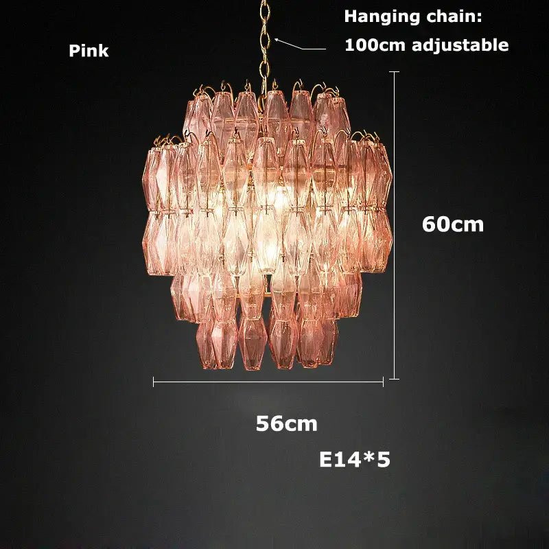 DecorBites glass art LED chandelier featuring a pink multi-tiered faceted glass design with gold metal frame for living room
