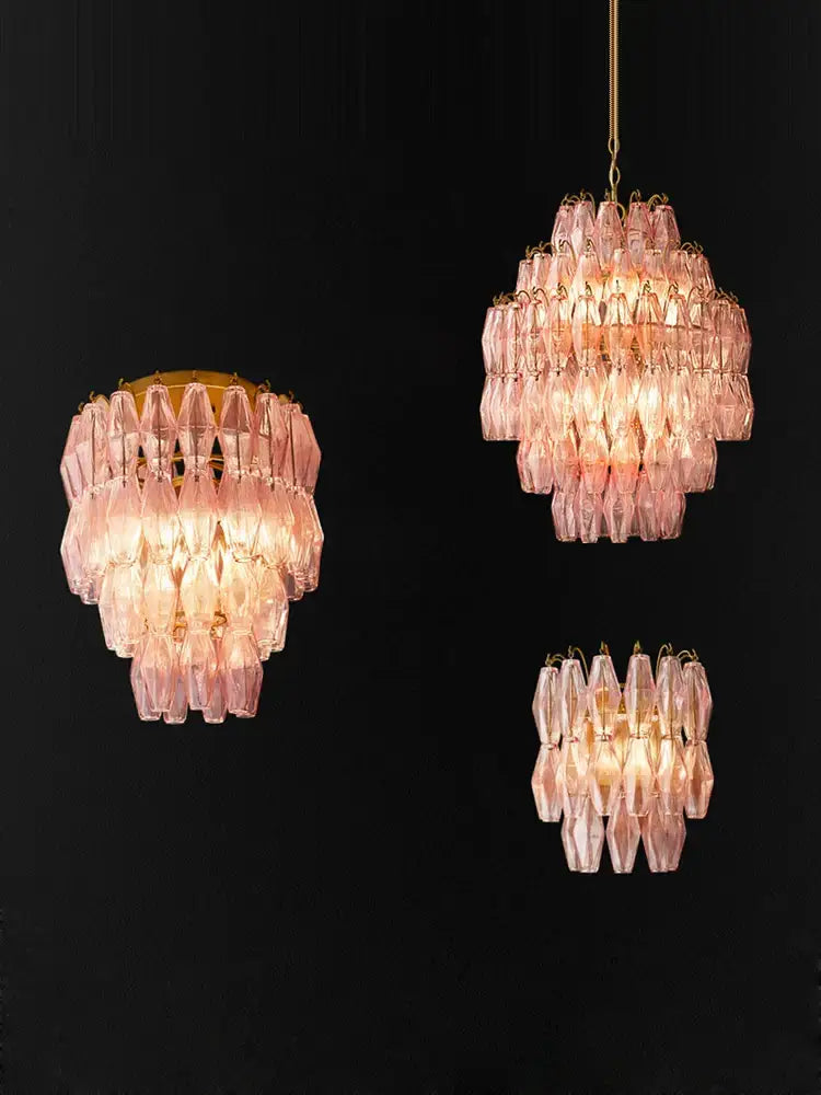 DecorBites glass art led chandelier featuring pink glass and gold-toned accents for elegant living room decor