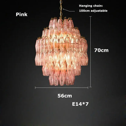 Decorbites glass art led chandelier with pink tiered faceted glass shades and gold metal frame for living room lighting