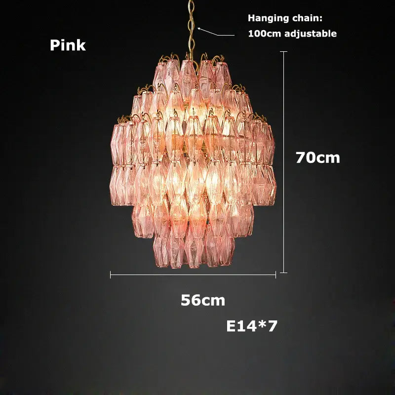 Decorbites glass art led chandelier with pink tiered faceted glass shades and gold metal frame for living room lighting