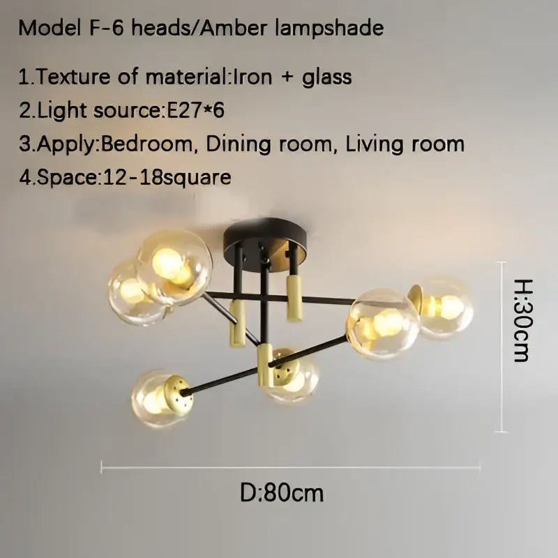 Decorbites glass ball black chandelier with six amber glass lampshades for nordic round dining table lighting