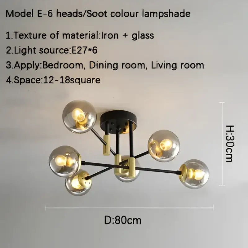 Modern decorbites glass ball black chandelier with six brass and glass spherical lampshades for dining rooms