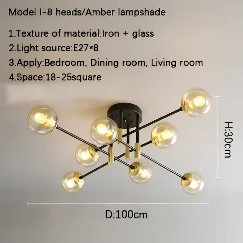 Decorbites glass ball black chandelier features eight amber glass lampshades in a modern brass and black design