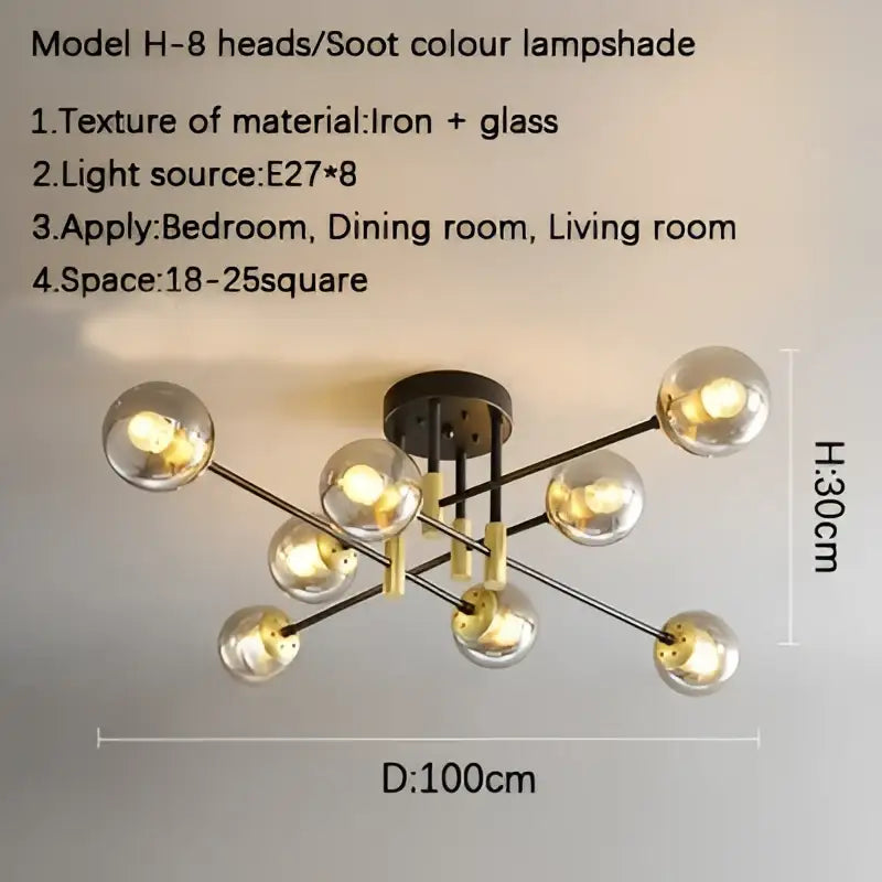 Modern decorbites glass ball black chandelier with eight spherical glass lampshades on black and gold metal arms