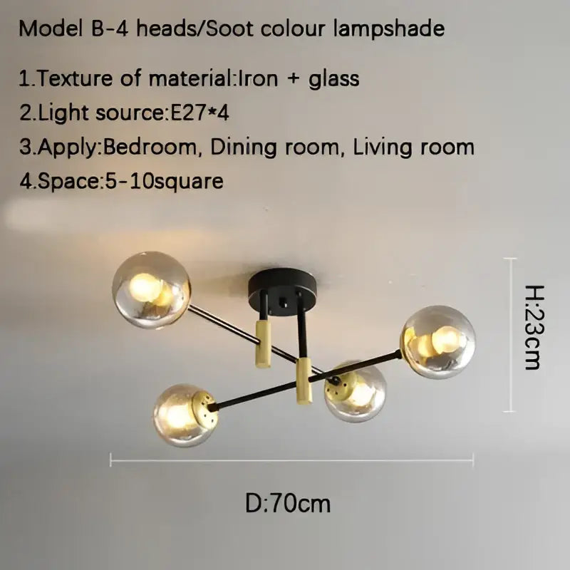Modern DecorBites glass ball black chandelier featuring five brass and glass spherical shades for Nordic dining tables