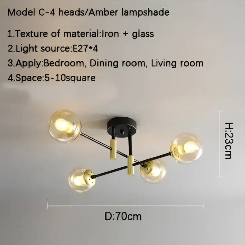 DecorBites glass ball black chandelier modern ceiling light with brass frame and amber glass lampshades for dining rooms