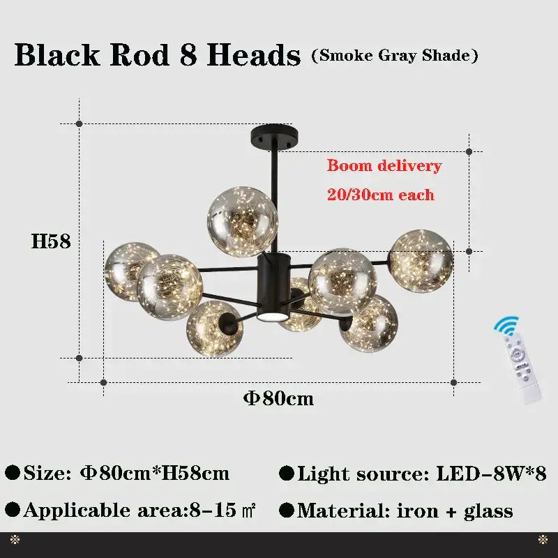 Black rod decorbites glass ball branch chandelier with eight smoke gray glass globe shades for living room lighting