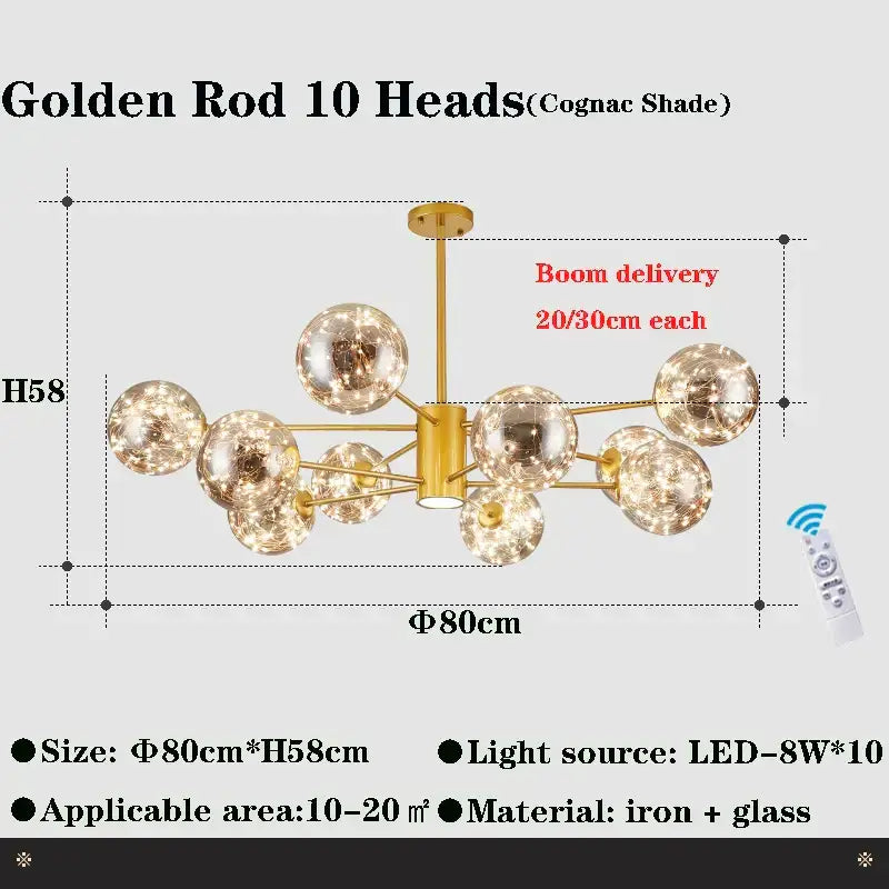 Decorbites glass ball branch chandelier with golden rod frame and cognac glass globes for modern living room lighting