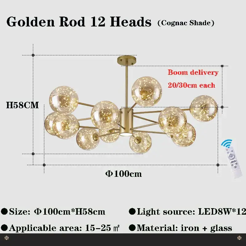 Decorbites glass ball branch chandelier with cognac iron frame and clear glass globe bulbs for modern living room lighting