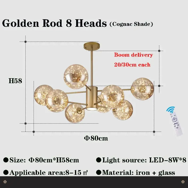DecorBites glass ball branch chandelier with golden rod 8 heads, cognac iron arms, clear glass spheres, and led lighting