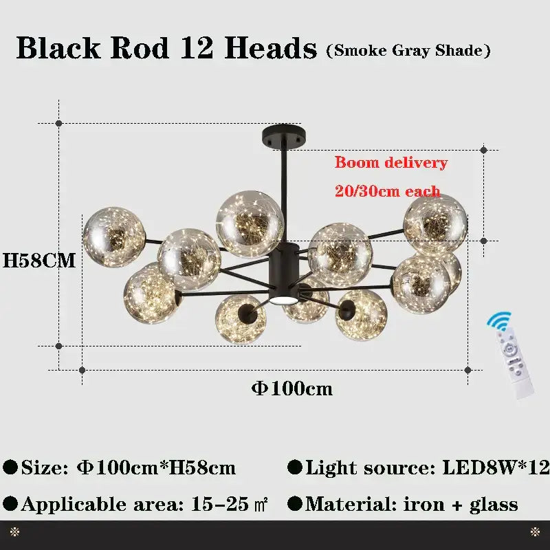Black rod decorbites glass ball branch chandelier with twelve smoke gray glass globe heads for modern living room lighting