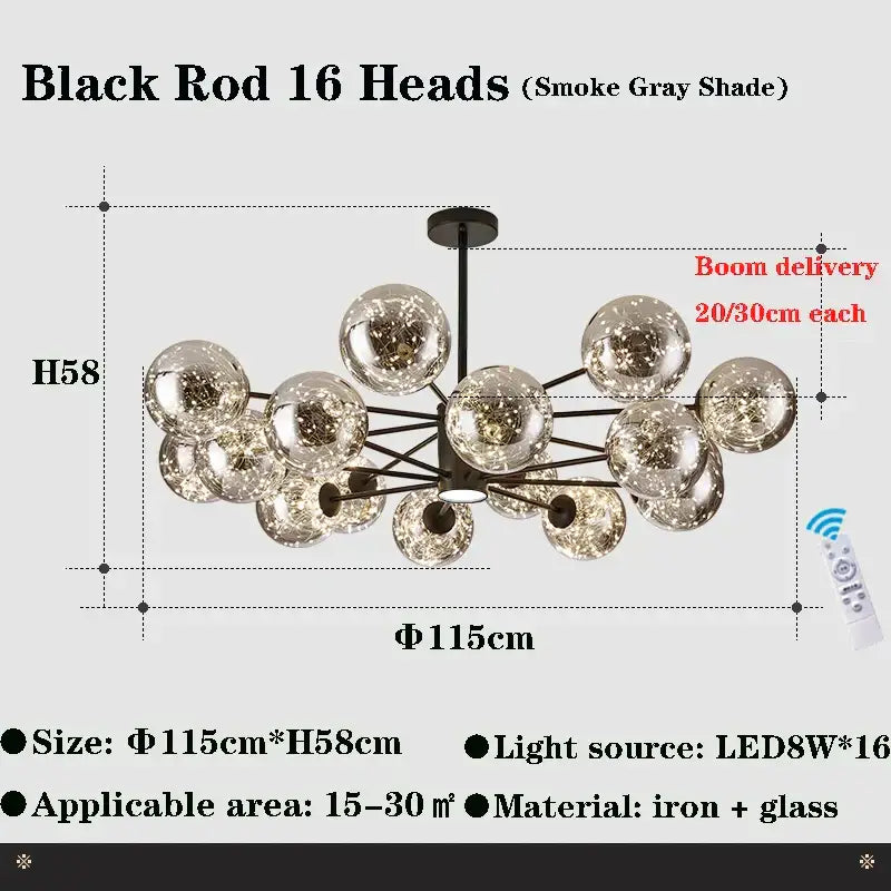 Decorbites glass ball branch chandelier with 16 smoke gray glass globes black rod modern ceiling lighting